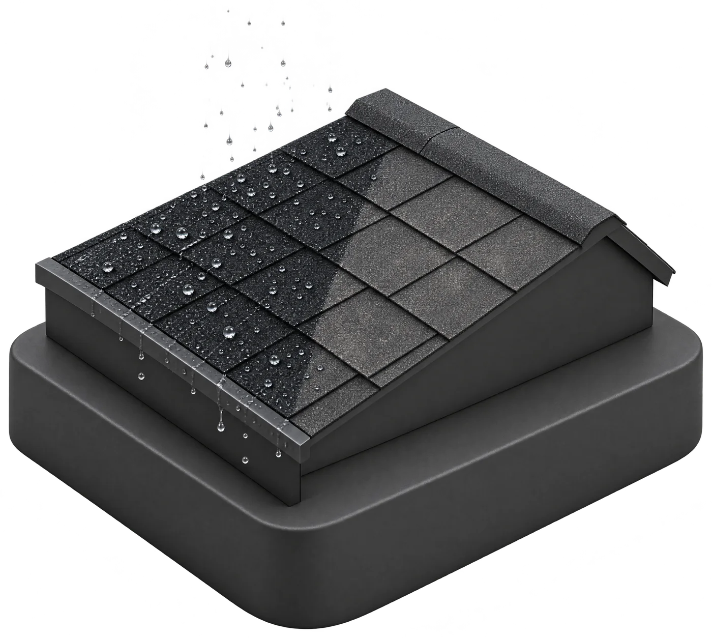 Rendu 3D d'un échantillon de bardeaux traité au Go Nano : l'eau perle et glisse sur la surface protégée