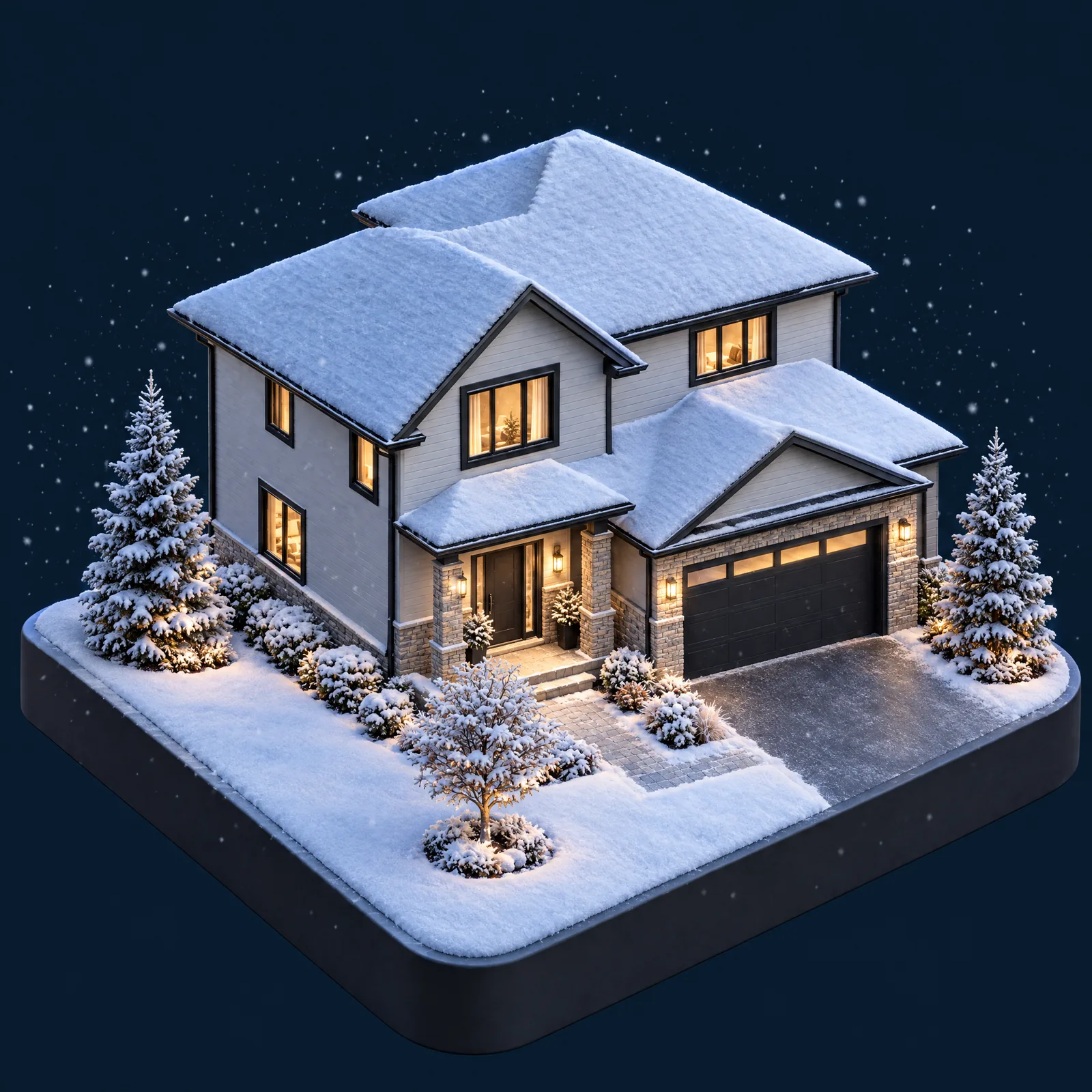 Rendu 3D de la maison sous la neige, la nuit, fenêtres éclairées